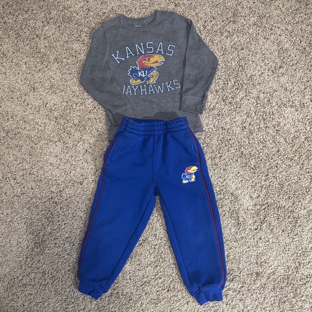 Kansas Jayhawks Kids Blue Sweatpants with Grey Shirt